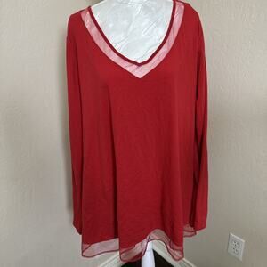 Lane Bryant Shirt Womens Plus Size 26/28 Red Cotton V Neck Mesh Lined Neck & Hem